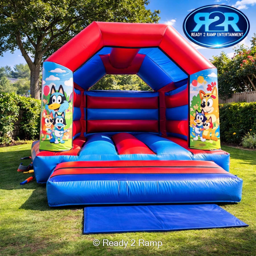 Bluey Themed (Blue & Red Bouncy Castle) Size: 12ft Width x 15ft Length ...